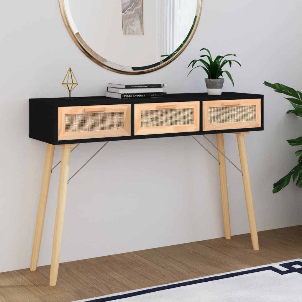 Console Table 05X30X75 Cm Solid Wood Pine&Natural Rattan