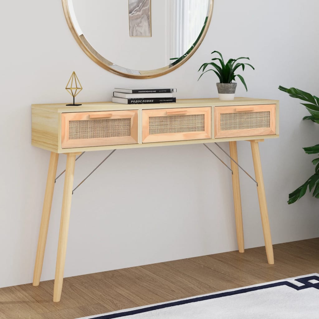 Console Table 05X30X75 Cm Solid Wood Pine&Natural Rattan