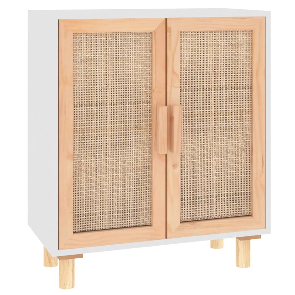 Sideboard White 60X30X70 Cm Solid Wood Pine And Natural Rattan