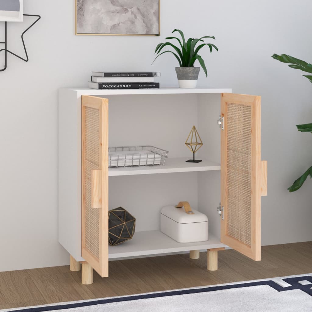 Sideboard White 60X30X70 Cm Solid Wood Pine And Natural Rattan