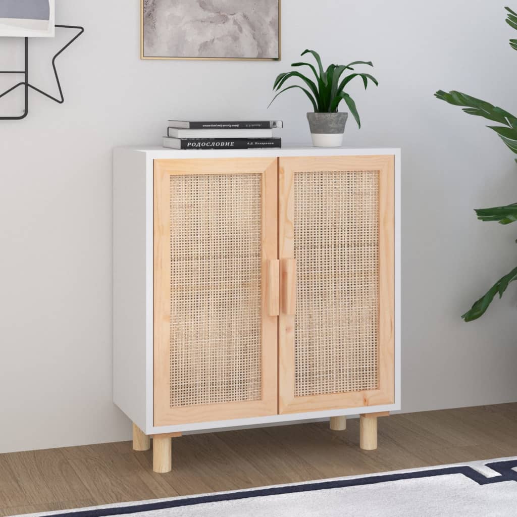 Sideboard White 60X30X70 Cm Solid Wood Pine And Natural Rattan