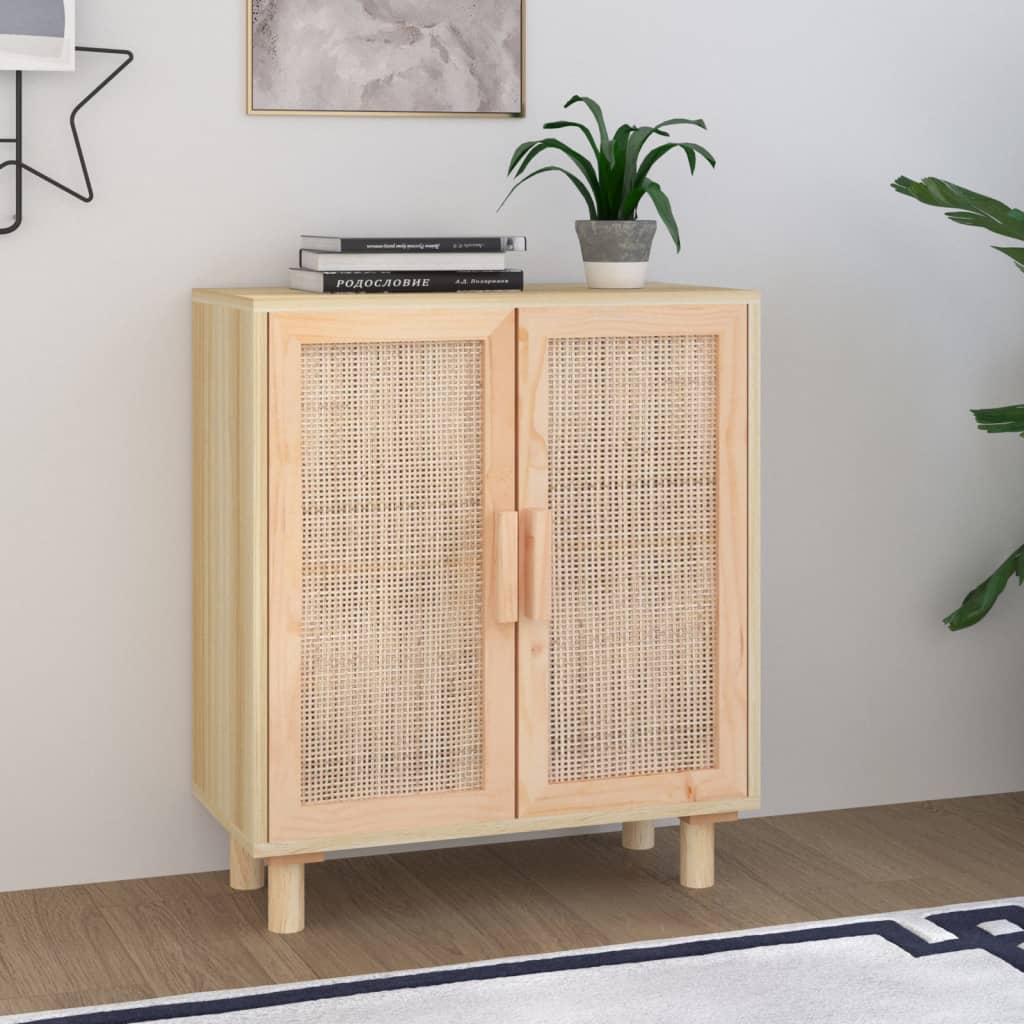 Sideboard White 60X30X70 Cm Solid Wood Pine And Natural Rattan