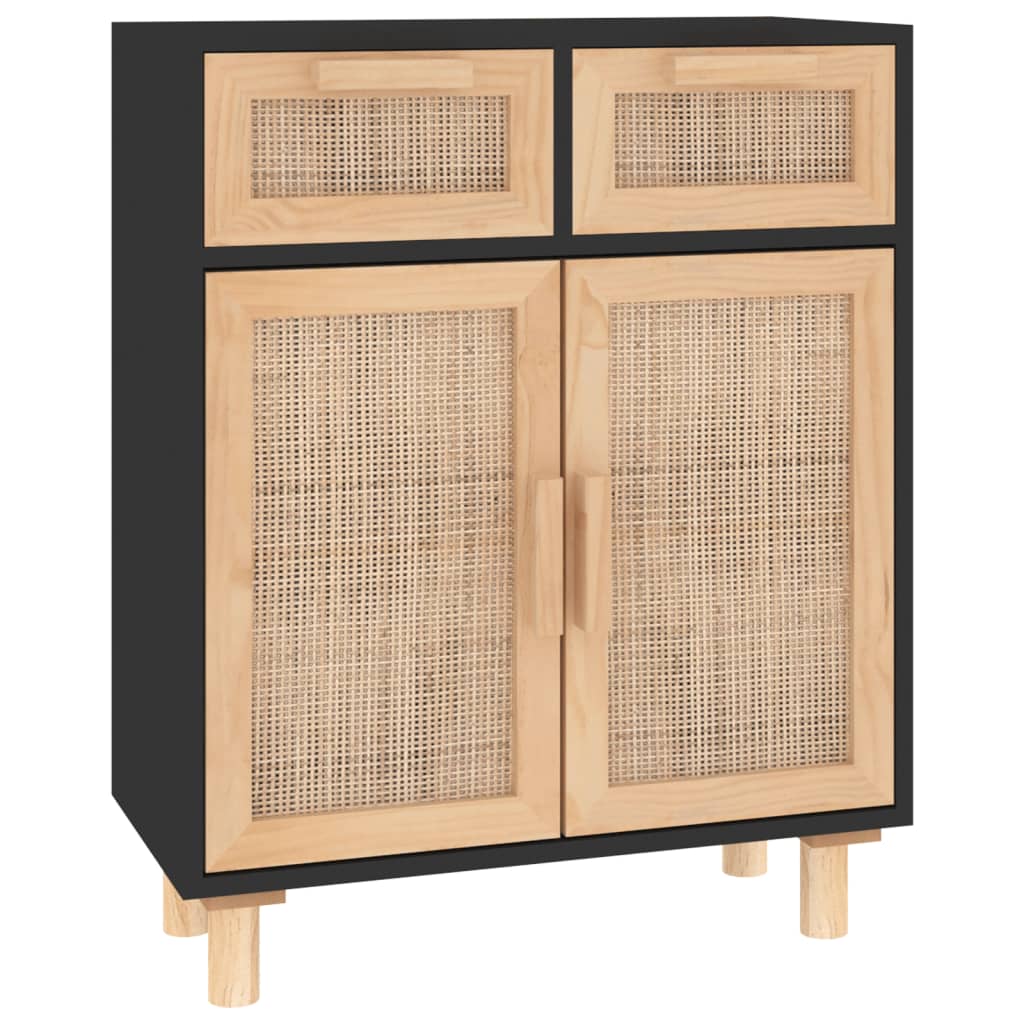 Sideboard Black 60X30X75 Cm Solid Wood Pine And Natural Rattan