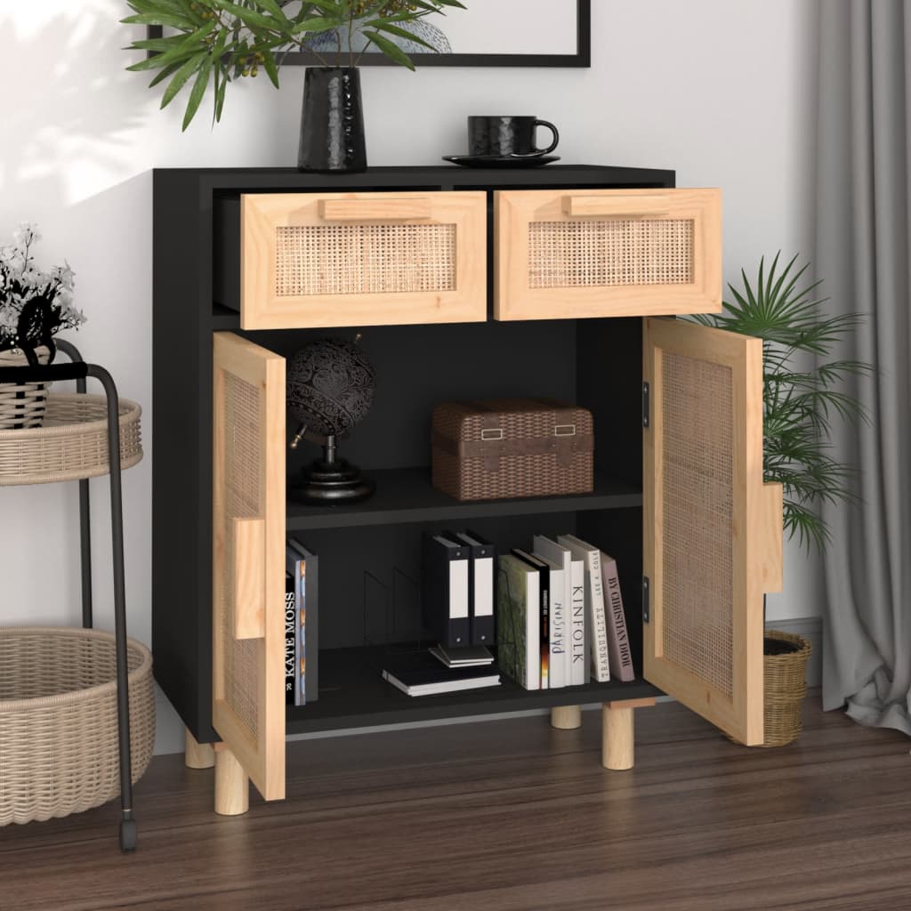 Sideboard Black 60X30X75 Cm Solid Wood Pine And Natural Rattan