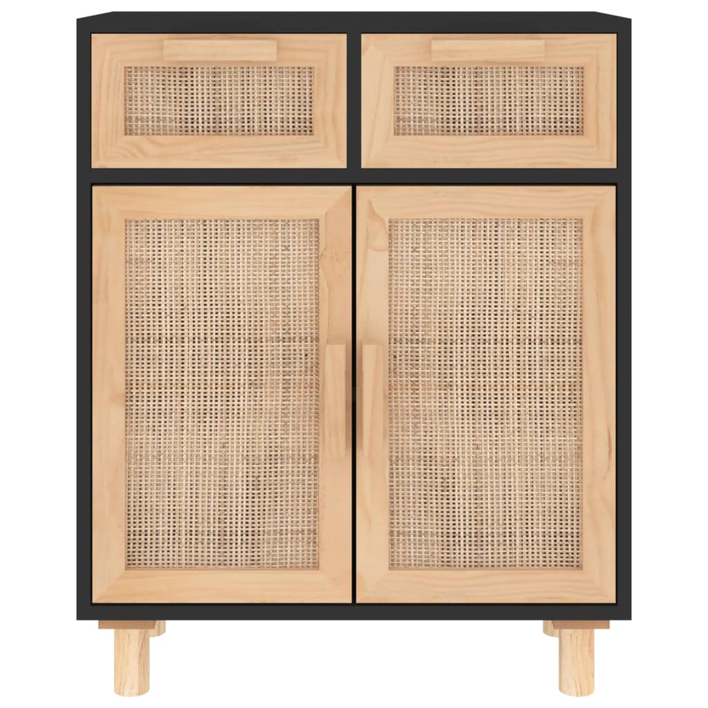 Sideboard Black 60X30X75 Cm Solid Wood Pine And Natural Rattan