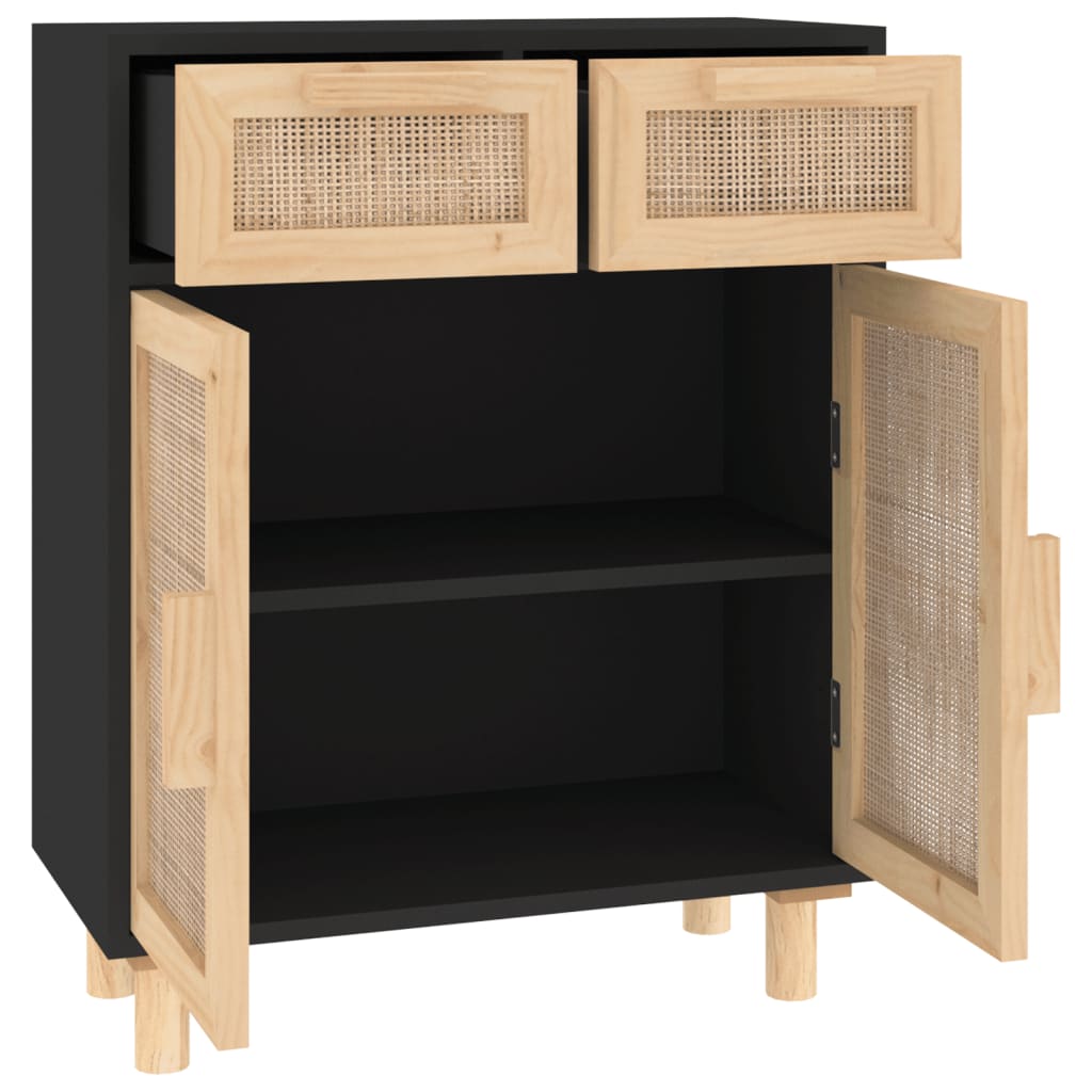 Sideboard Black 60X30X75 Cm Solid Wood Pine And Natural Rattan