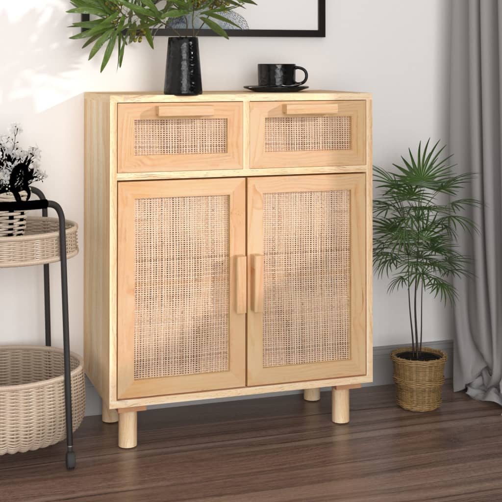 Sideboard Black 60X30X75 Cm Solid Wood Pine And Natural Rattan