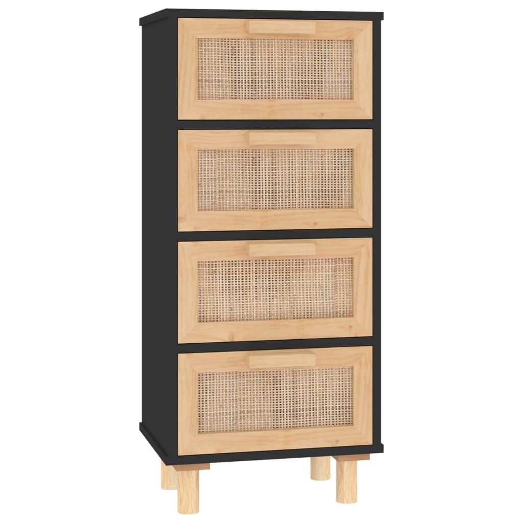 Sideboard Black 40x30x90 cm Solid Wood Pine and Natural Rattan