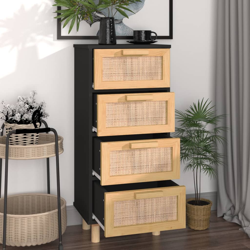 Sideboard Black 40x30x90 cm Solid Wood Pine and Natural Rattan