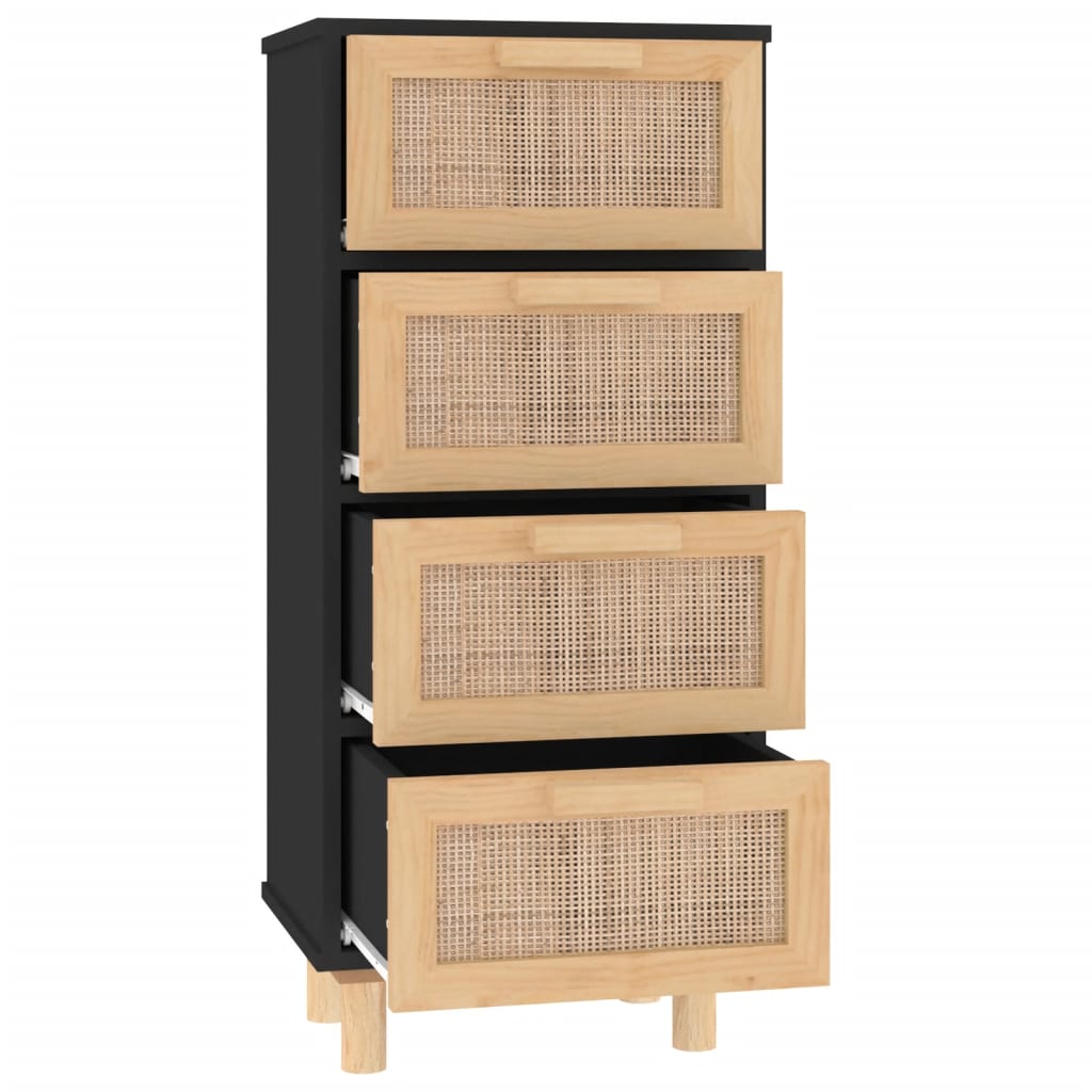 Sideboard Black 40x30x90 cm Solid Wood Pine and Natural Rattan