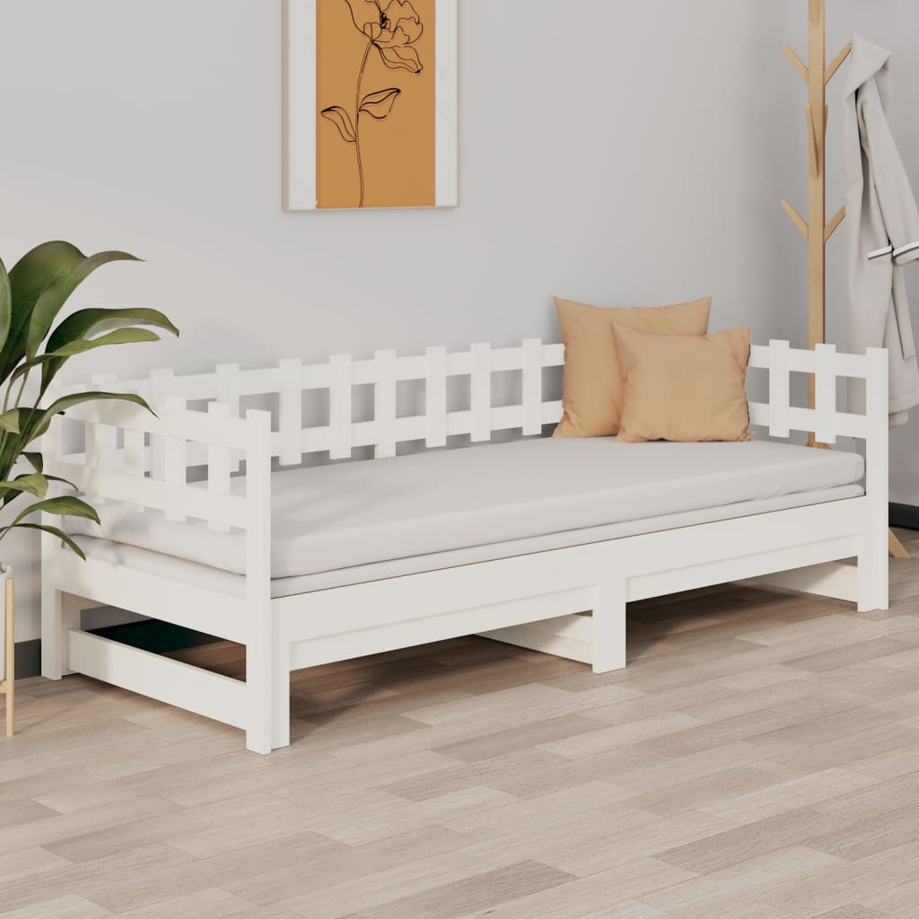 Pull-out Day Bed White 2x(92x187) cm Single Size Solid Wood Pine