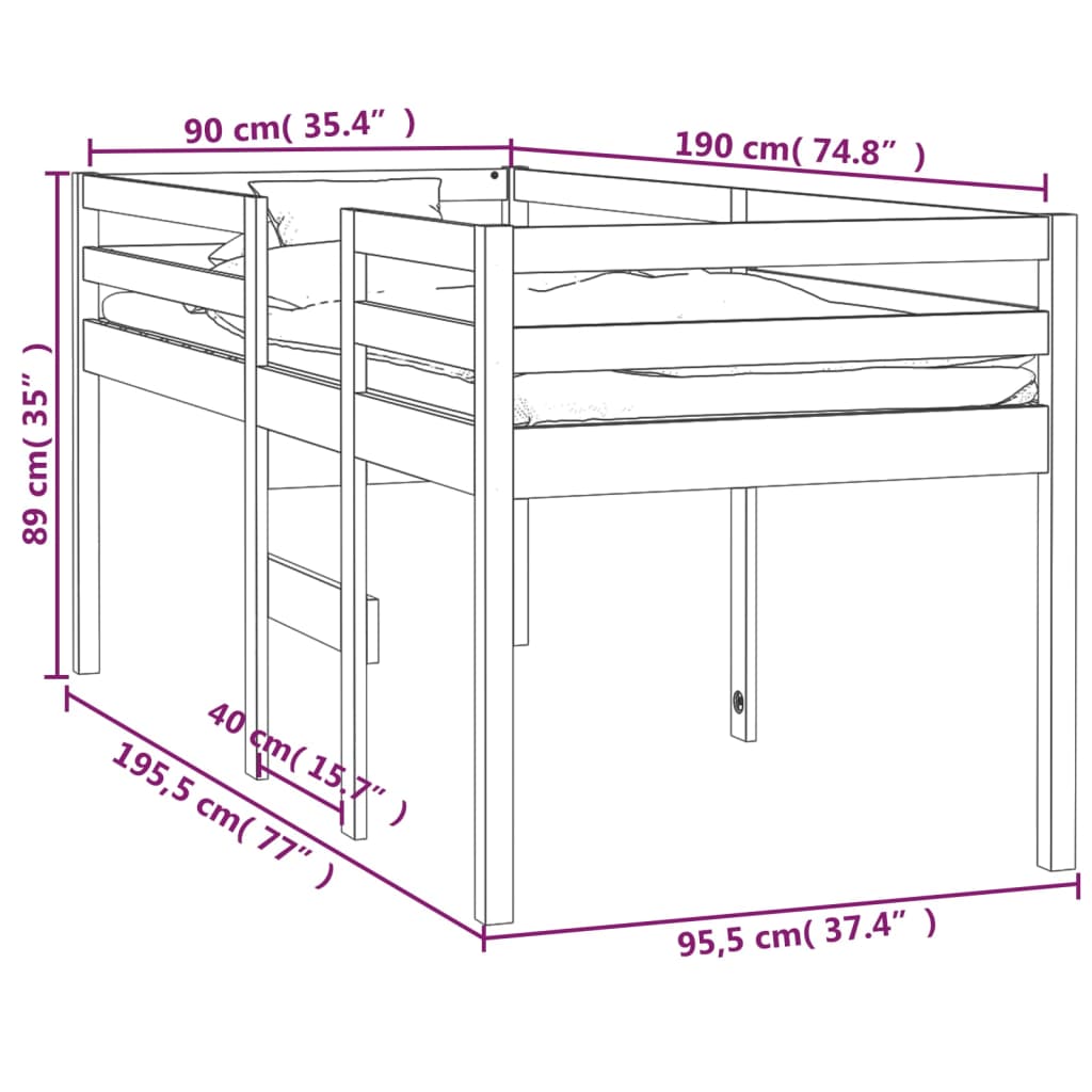 High Sleeper Bed 92X187 Cm Single Size Solid Wood Pine