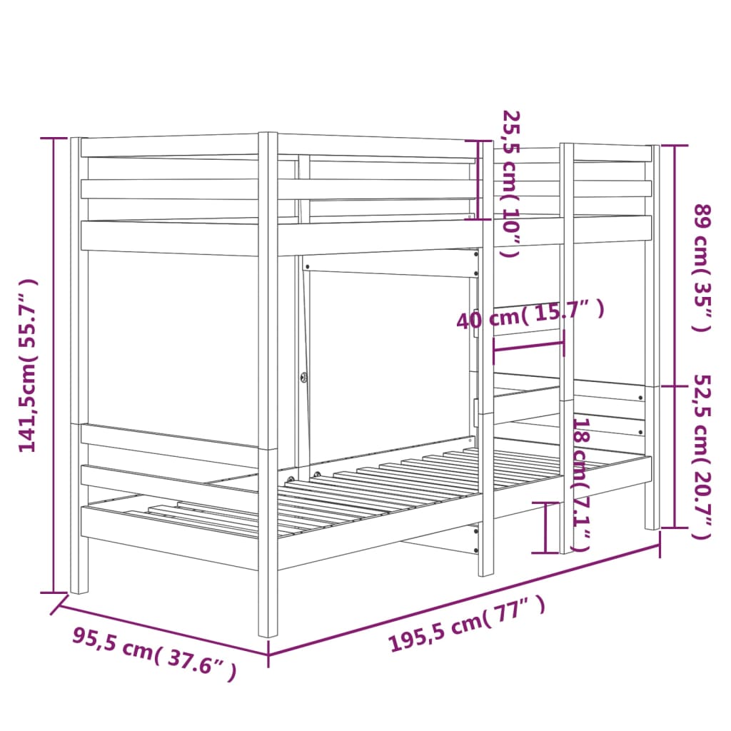 Bunk Bed 92x187 cm Single Size Solid Wood Pine