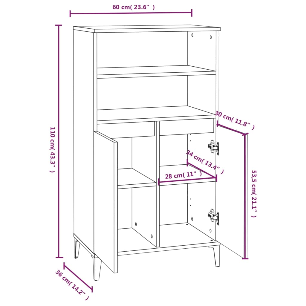 Highboard Grey Sonoma 60x36x110 cm Engineered Wood