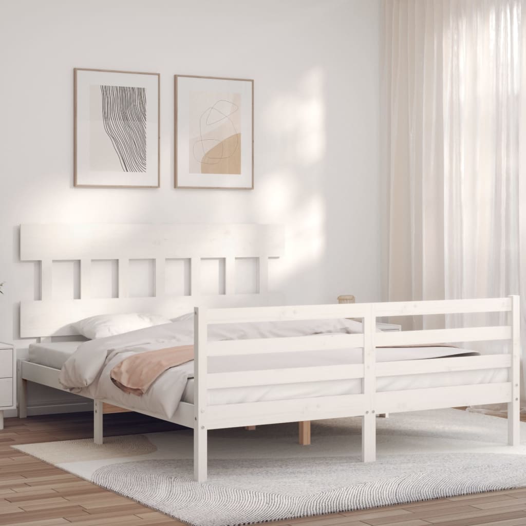 Bed Frame with Headboard  White 153x203 cm Queen Solid Wood