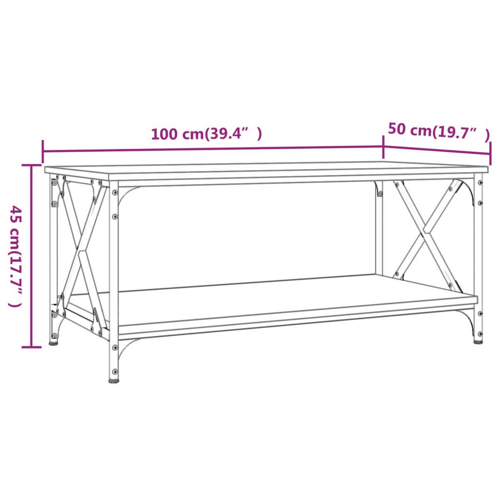 Coffee Table Brown Oak 100x50x45 cm Engineered Wood and Iron