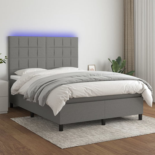 Box Spring Bed with Mattress&LED Dark Grey 137x187 cm Double Size Fabric