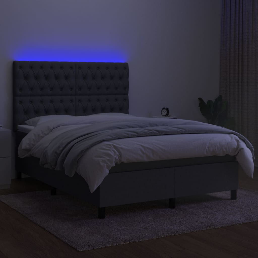 Box Spring Bed with Mattress&LED Dark Grey 137x187 cm Double Size Fabric