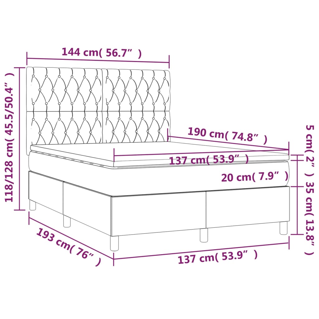 Box Spring Bed with Mattress&LED Dark Grey 137x187 cm Double Size Fabric