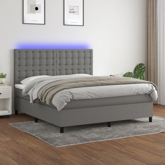 Box Spring Bed with Mattress&LED Dark Grey 153x203 cm Queen Size Fabric