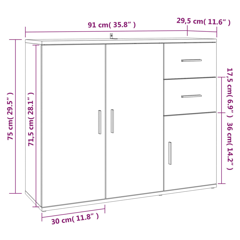 Sideboard High Gloss White 91x29.5x75 cm Engineered Wood