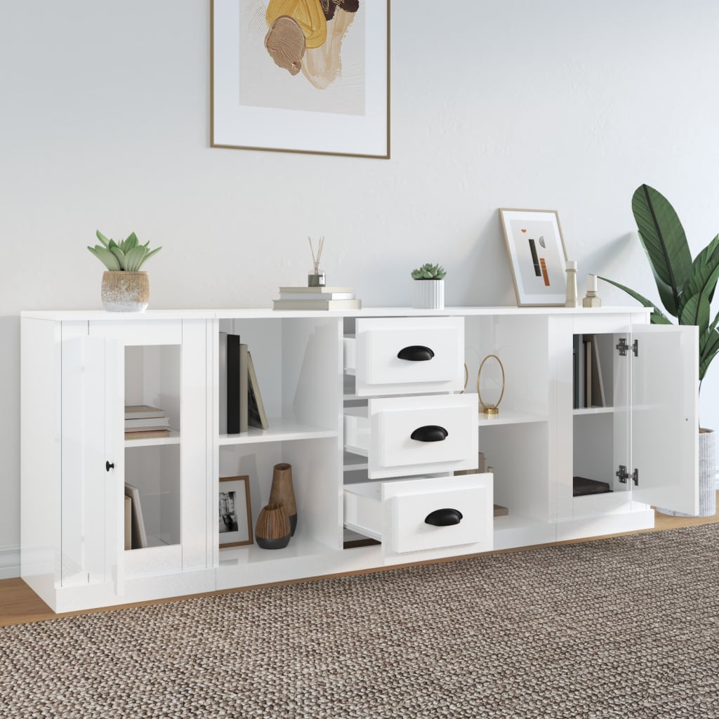 Sideboards 3 pcs High Gloss White Engineered Wood