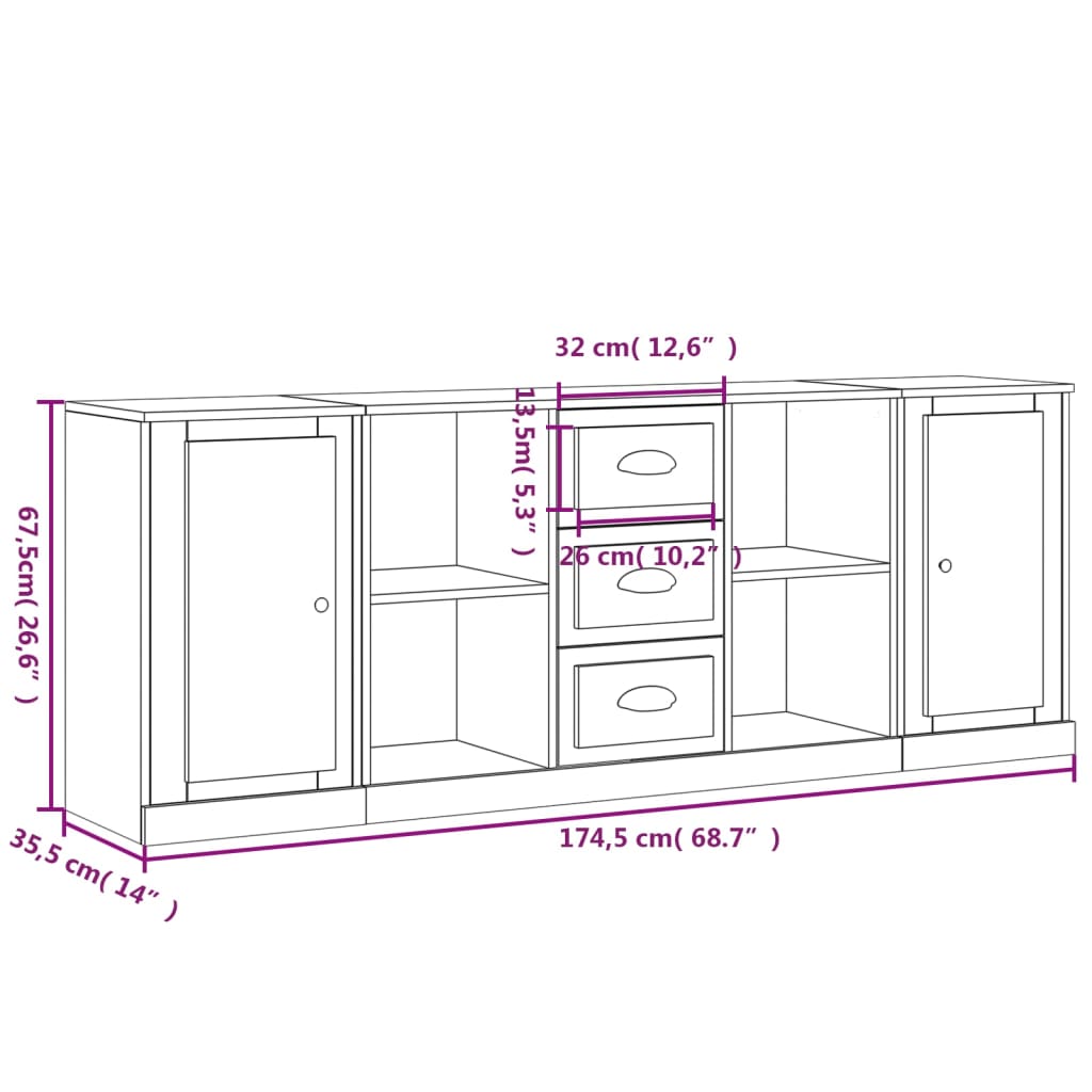 Sideboards 3 pcs High Gloss White Engineered Wood