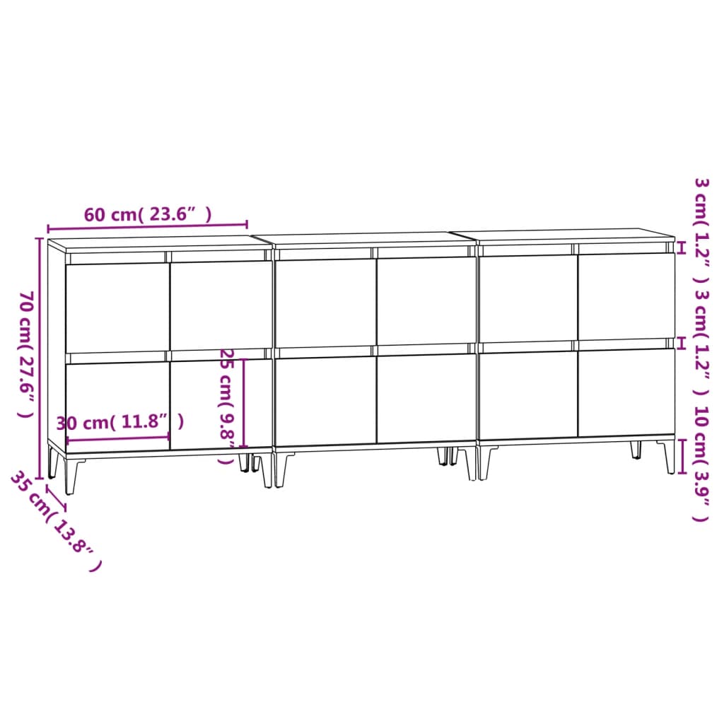 Sideboards 3 pcs Black 60x35x70 cm Engineered Wood