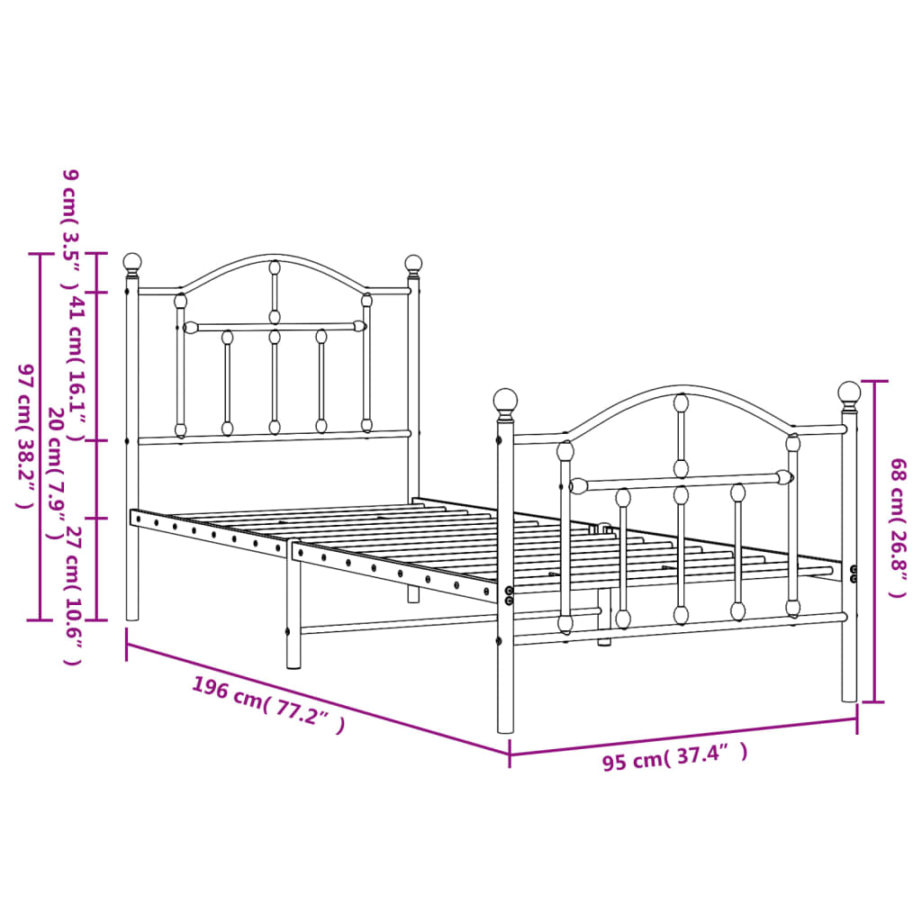 Metal Bed Frame with Headboard and Footboard White 92x187 cm Single Size