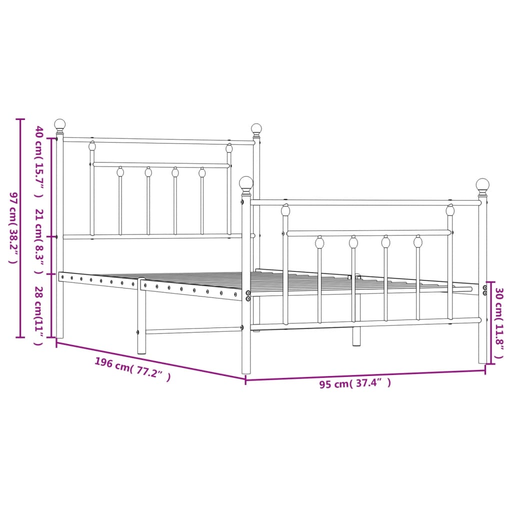 Metal Bed Frame with Headboard and Footboard Black 92x187 cm Single Size