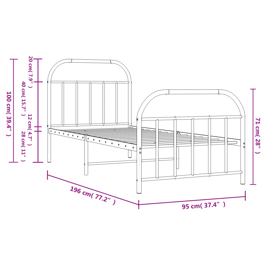 Metal Bed Frame without Mattress with Footboard Black 90x190 cm