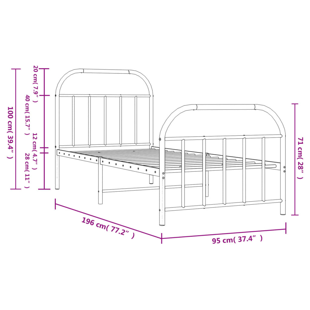 Metal Bed Frame with Headboard and Footboard White 92x187 cm Single Size