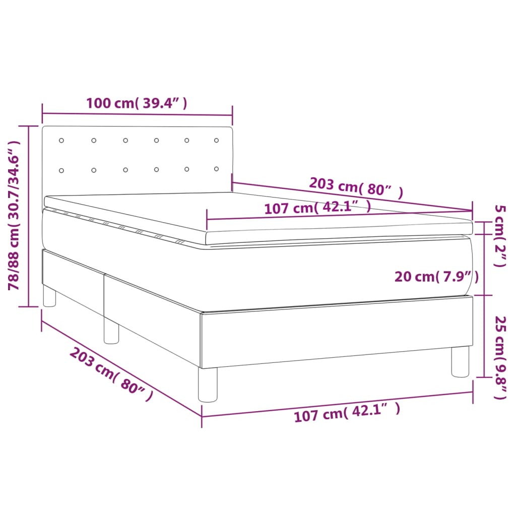 Box Spring Bed with Mattress&LED Dark Grey 100x200cm Fabric