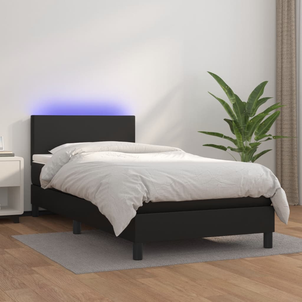 Box Spring Bed With Mattress&Led Black 100X200Cm Faux Leather