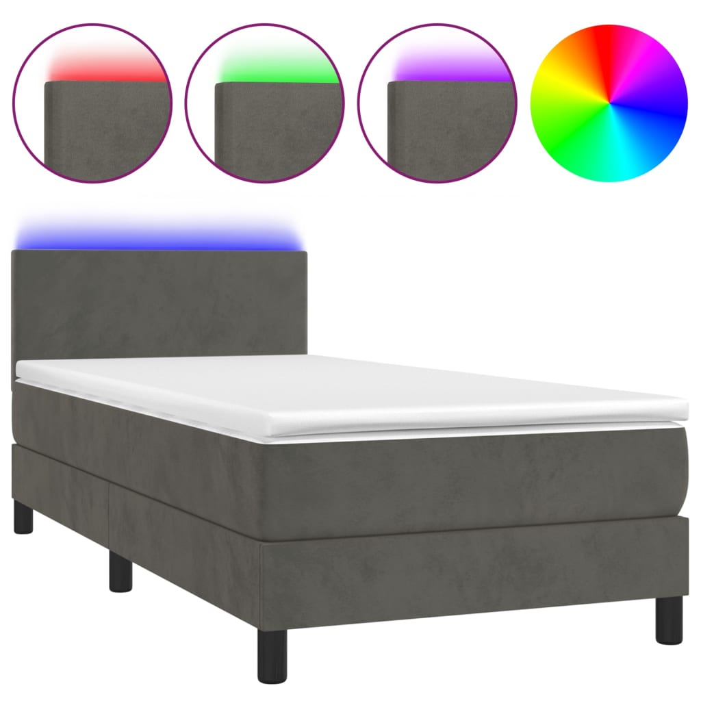 Box Spring Bed with Mattress&LED Dark Grey 100x200cm Velvet