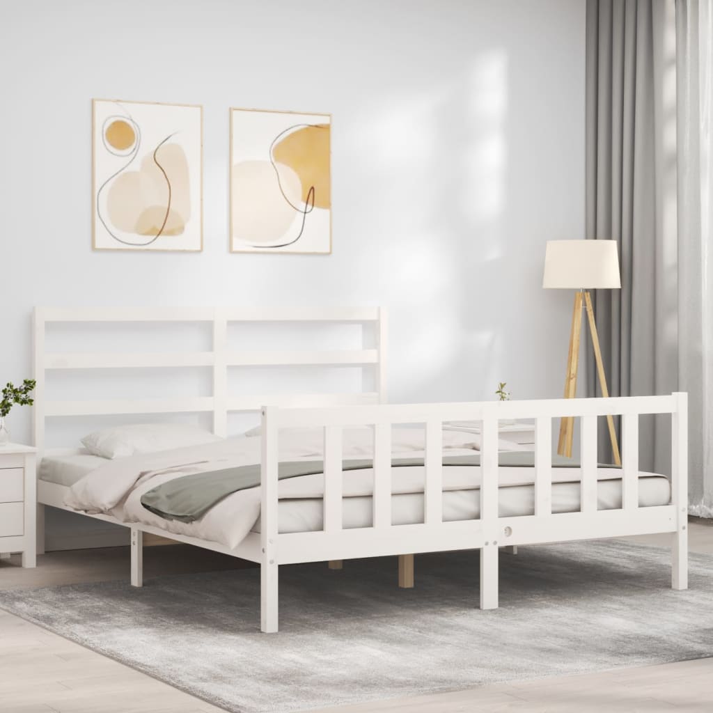 Bed Frame with Headboard White 153x203 cm Queen Solid Wood