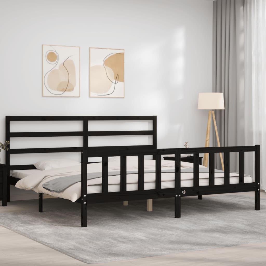 Bed Frame with Headboard Black 183x203 cm King Solid Wood