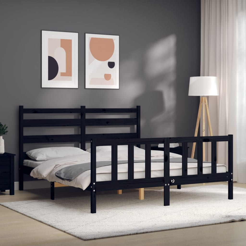 Bed Frame with Headboard Black 153x203 cm Queen Solid Wood