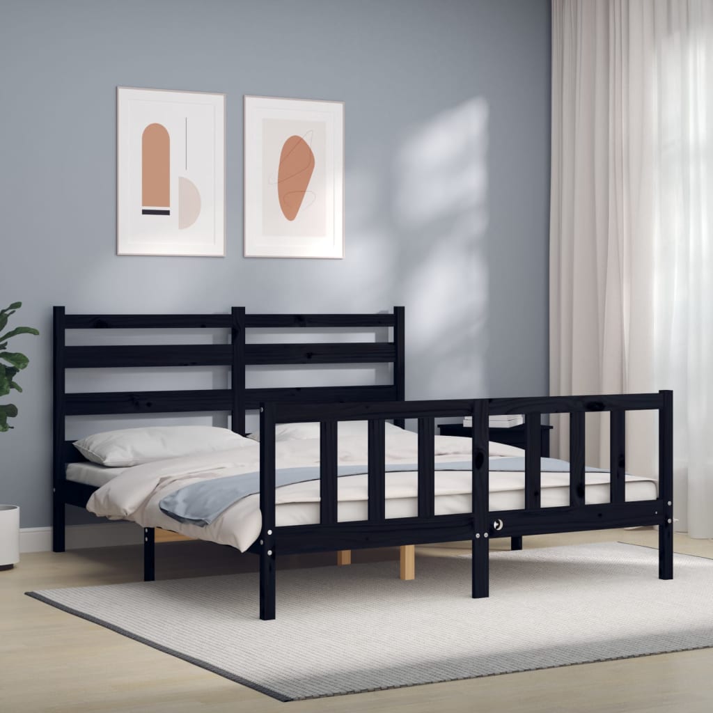 Bed Frame with Headboard Black 153x203 cm Queen Solid Wood