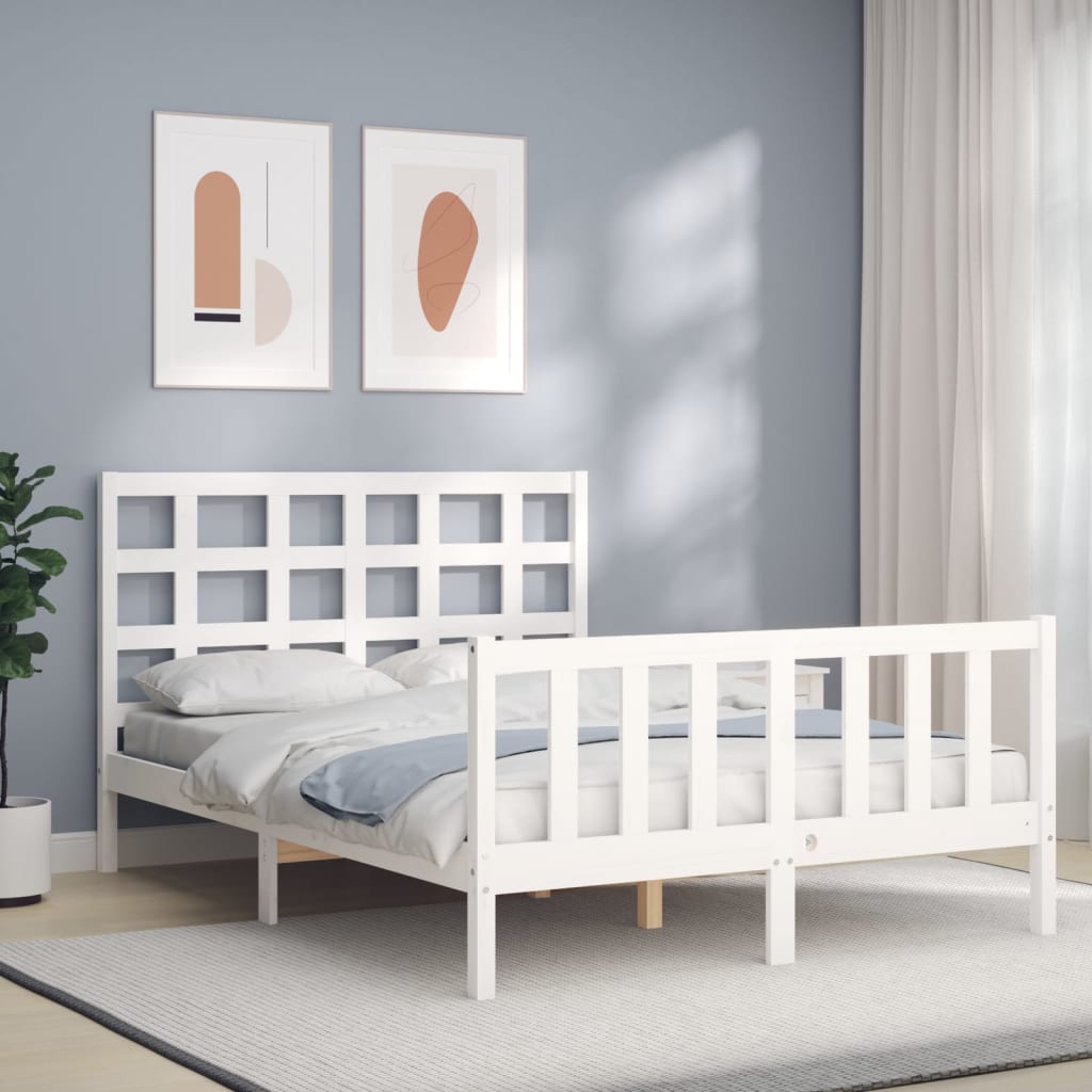 Bed Frame with Headboard White 137x187 cm Double Solid Wood