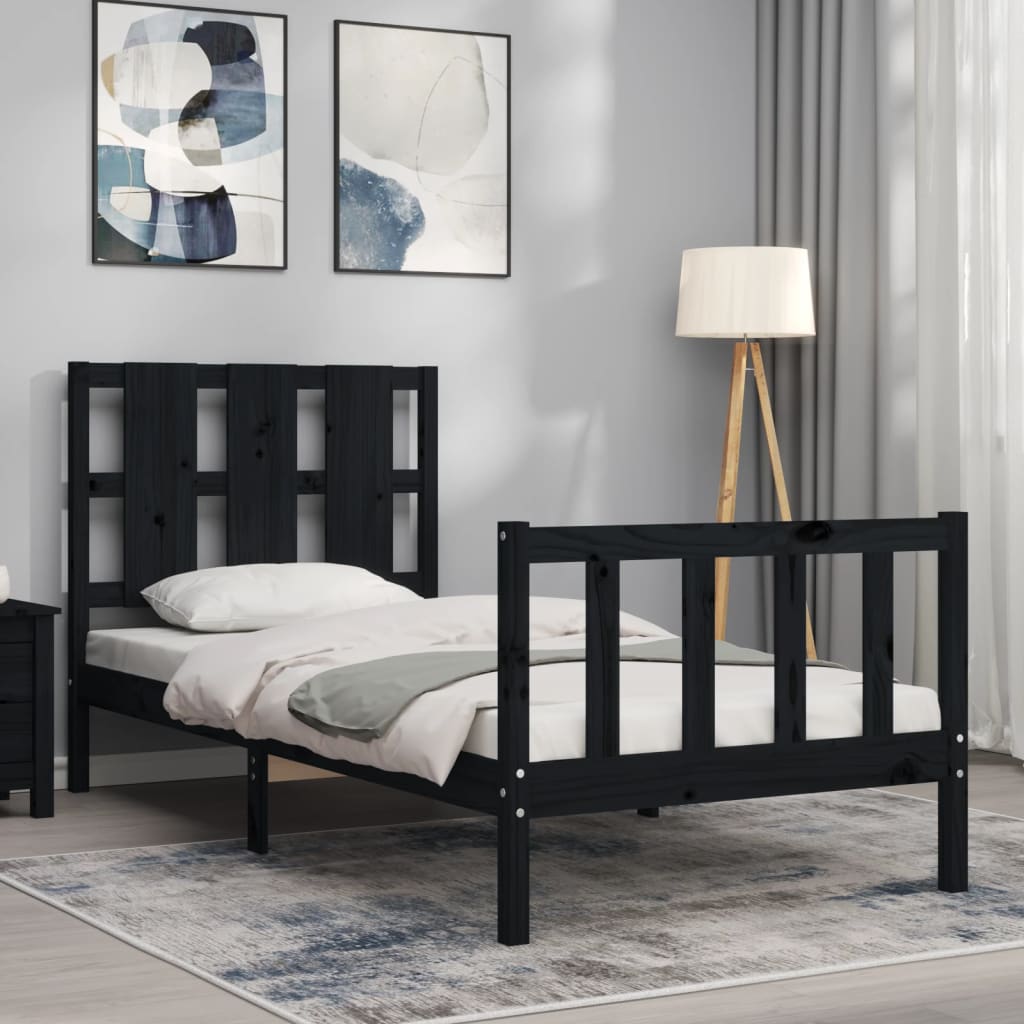 Bed Frame with Headboard Black 92x187 cm Single Size Solid Wood