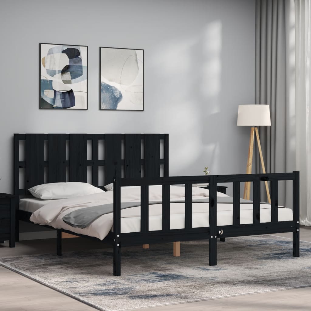 Bed Frame with Headboard Black 153x203 cm Queen Solid Wood