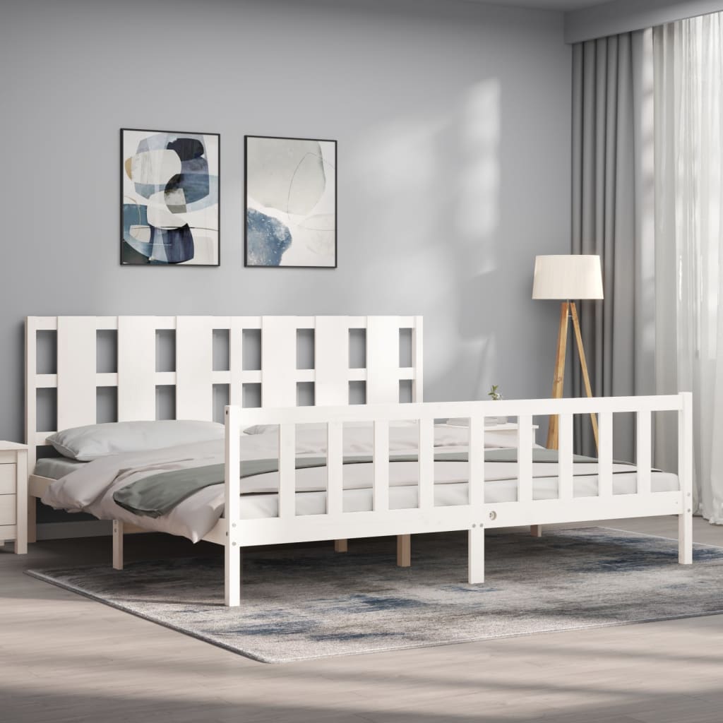 Bed Frame with Headboard White 183x203 cm King Solid Wood