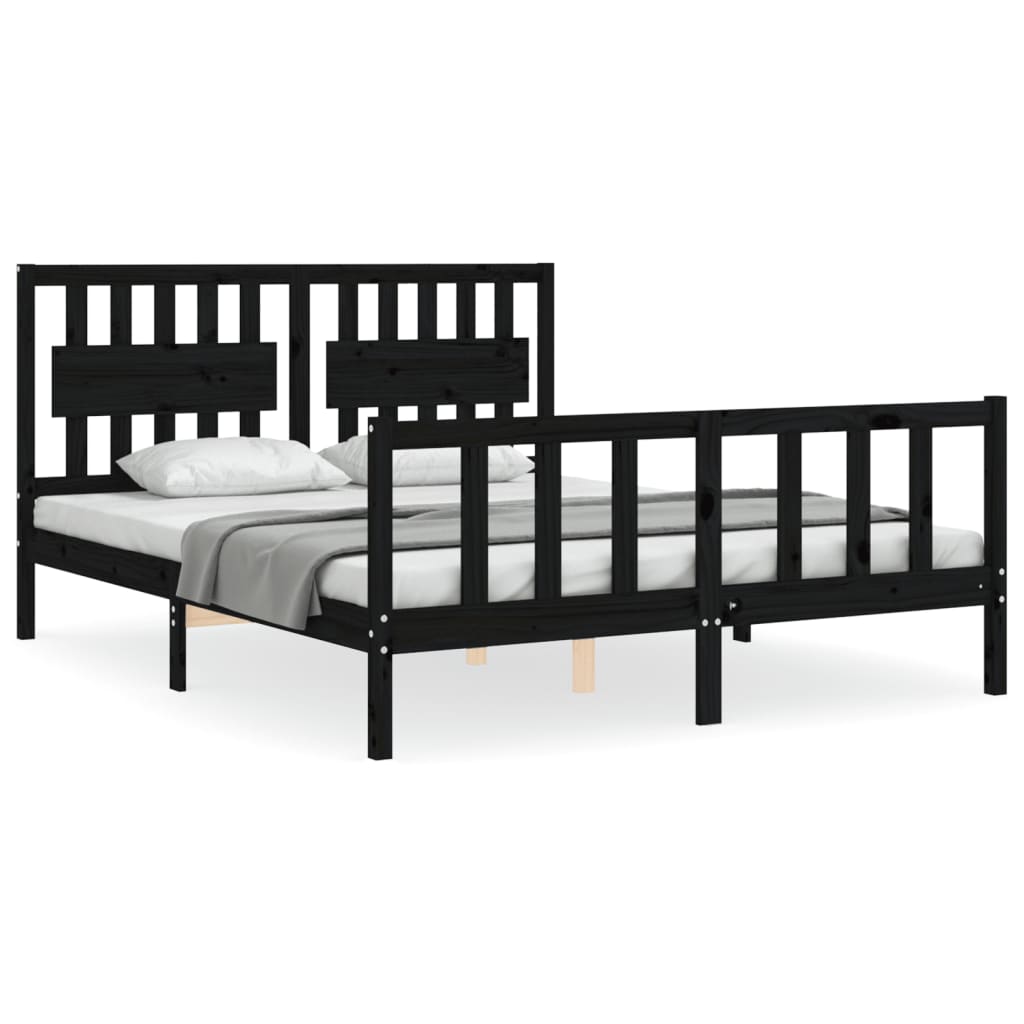 Bed Frame with Headboard Black 153x203 cm Queen Solid Wood