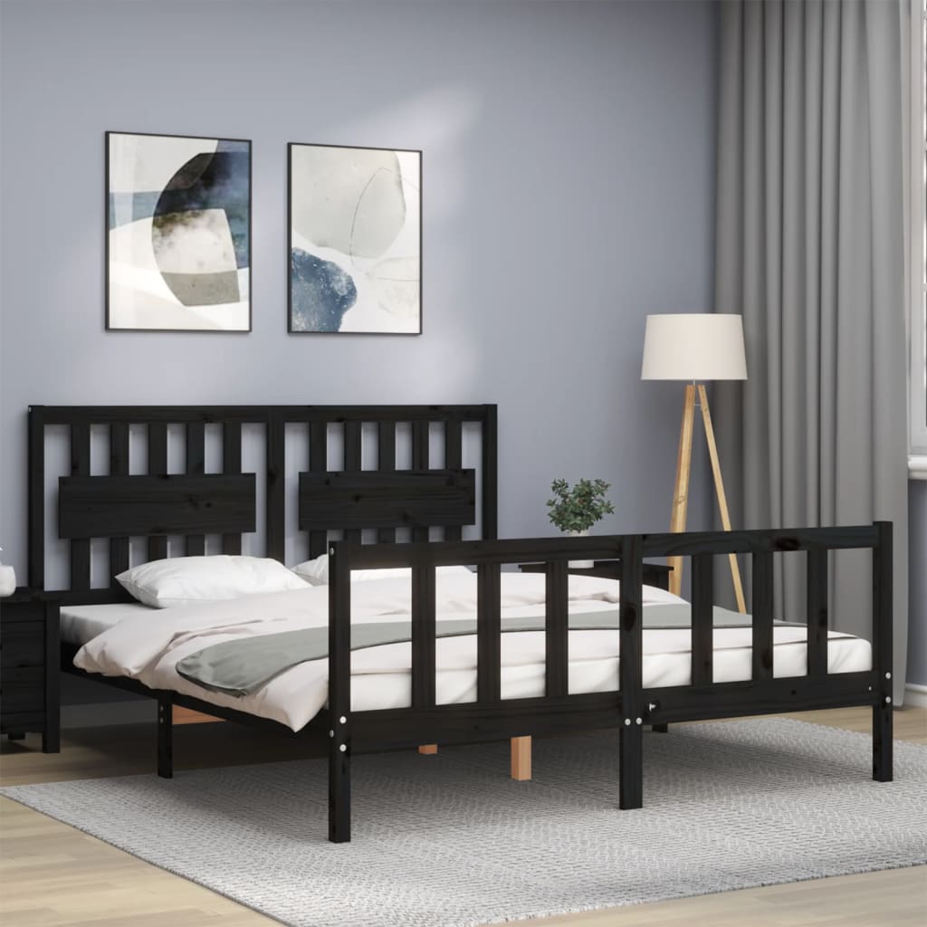 Bed Frame with Headboard Black 153x203 cm Queen Solid Wood