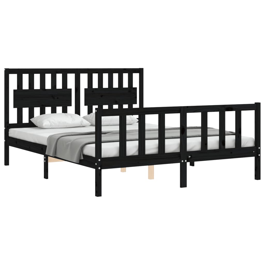 Bed Frame with Headboard Black 153x203 cm Queen Solid Wood