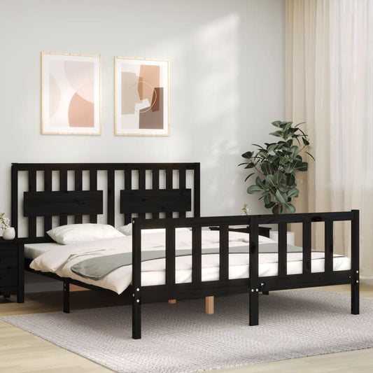 Bed Frame with Headboard Black 153x203 cm Queen Solid Wood