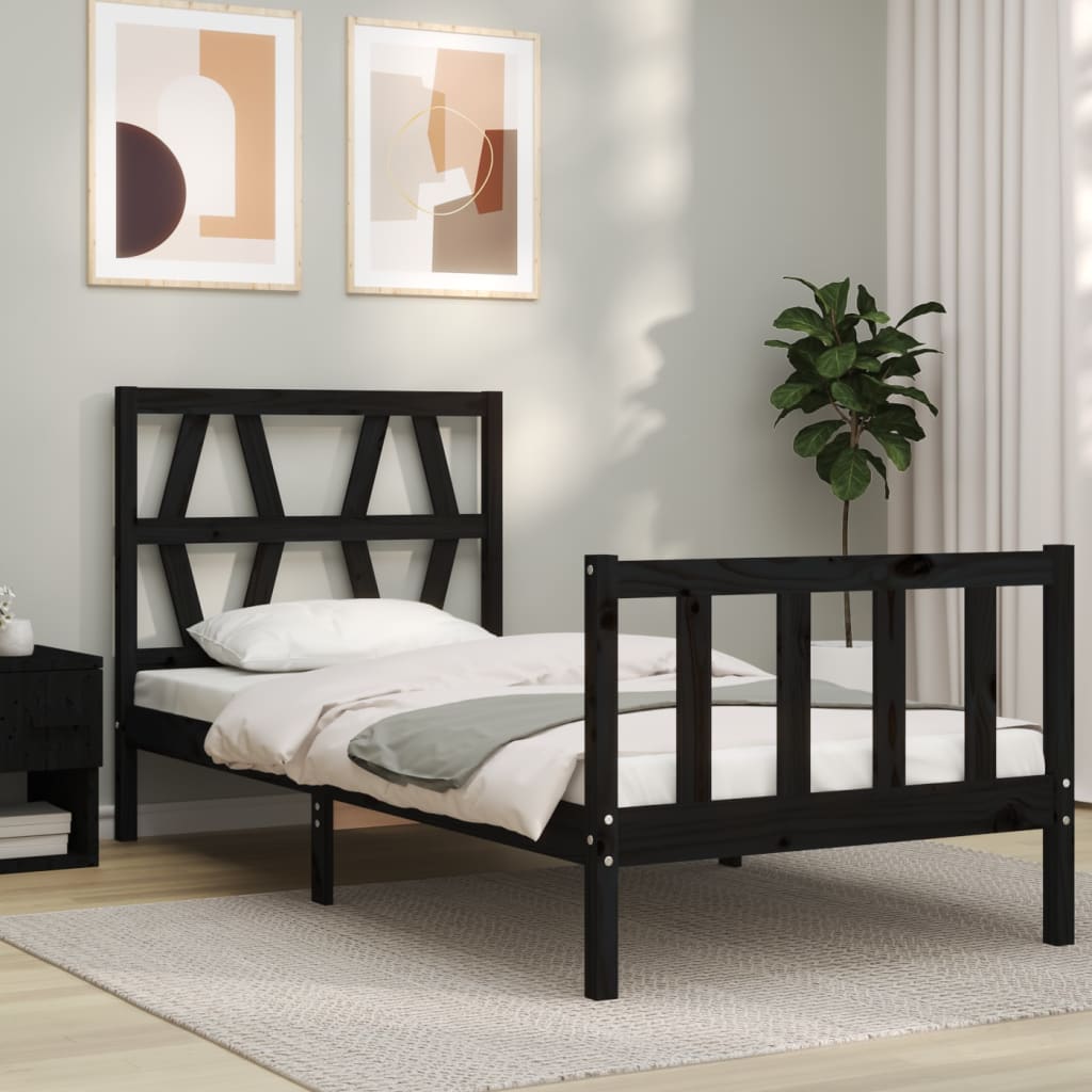 Bed Frame with Headboard Black 92x187 cm Single Size Solid Wood