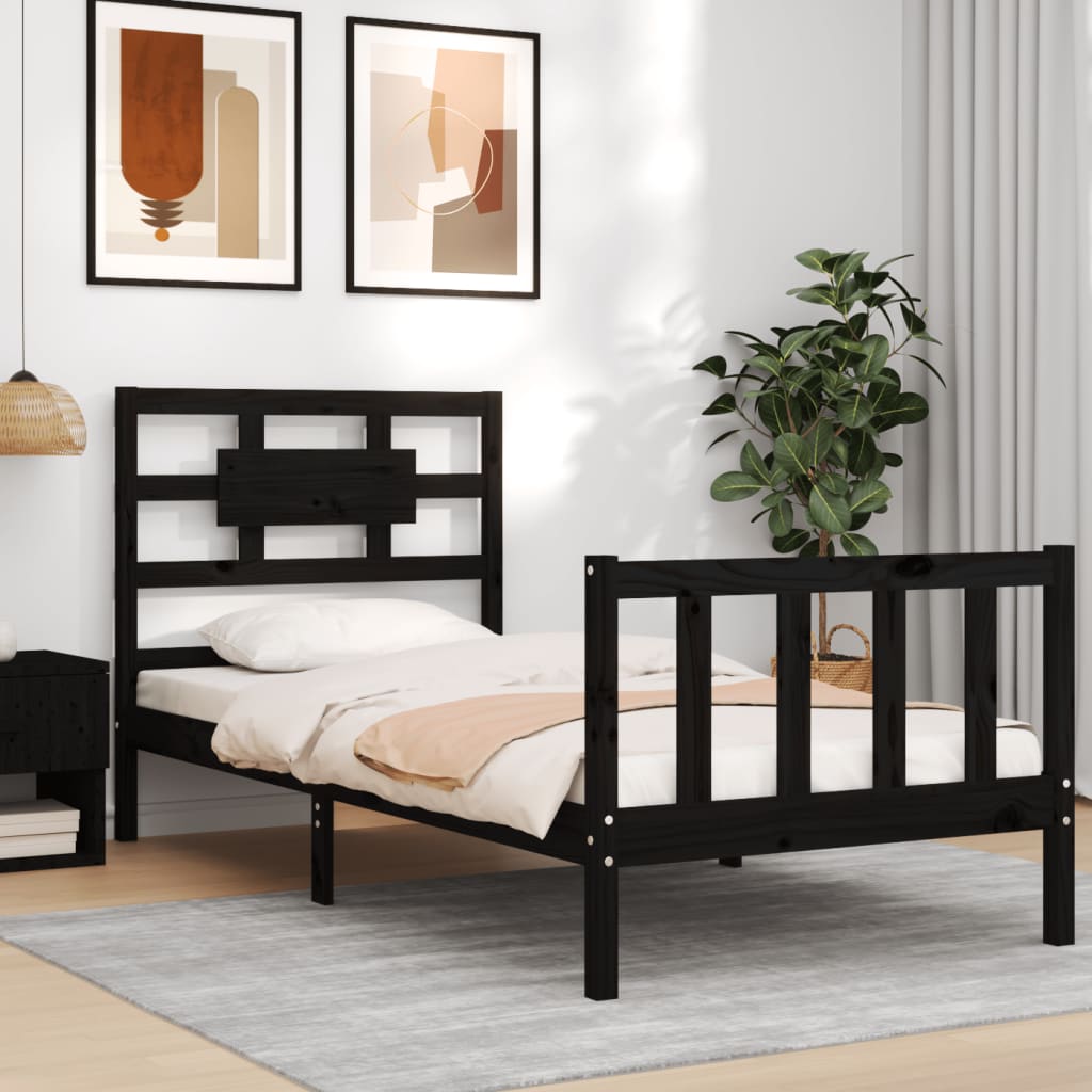 Bed Frame with Headboard Black 92x187 cm Single Size Solid Wood