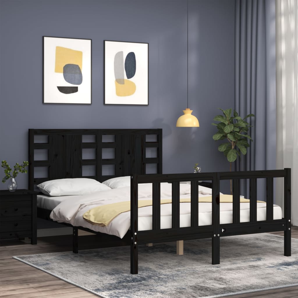 Bed Frame with Headboard Black 137x187 cm Double Solid Wood